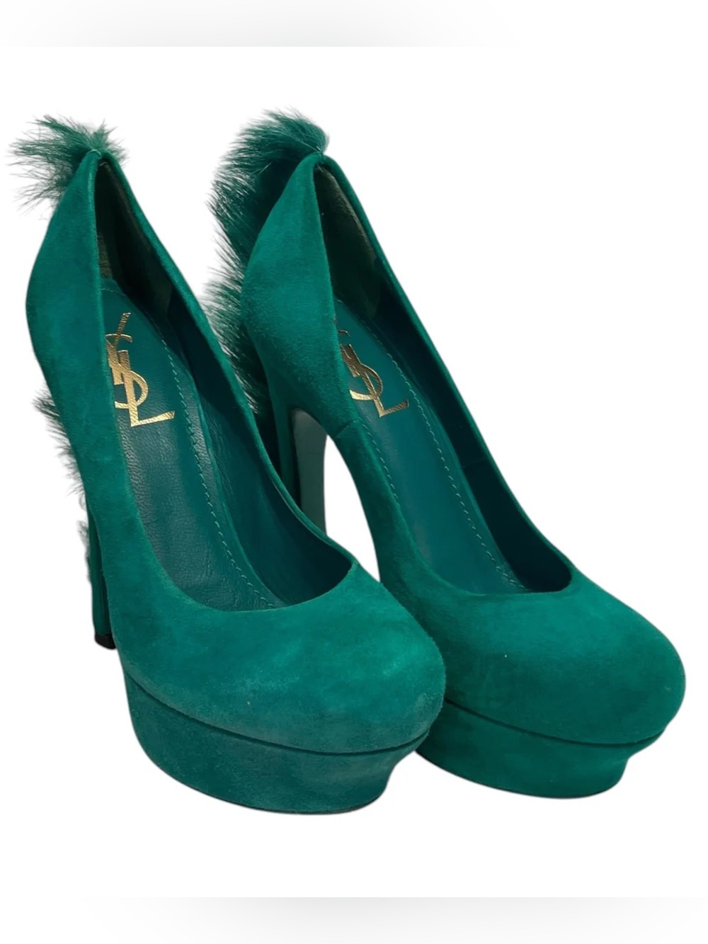 Saint Laurent Emerald Green Suede Platform Pumps with Fur Accent